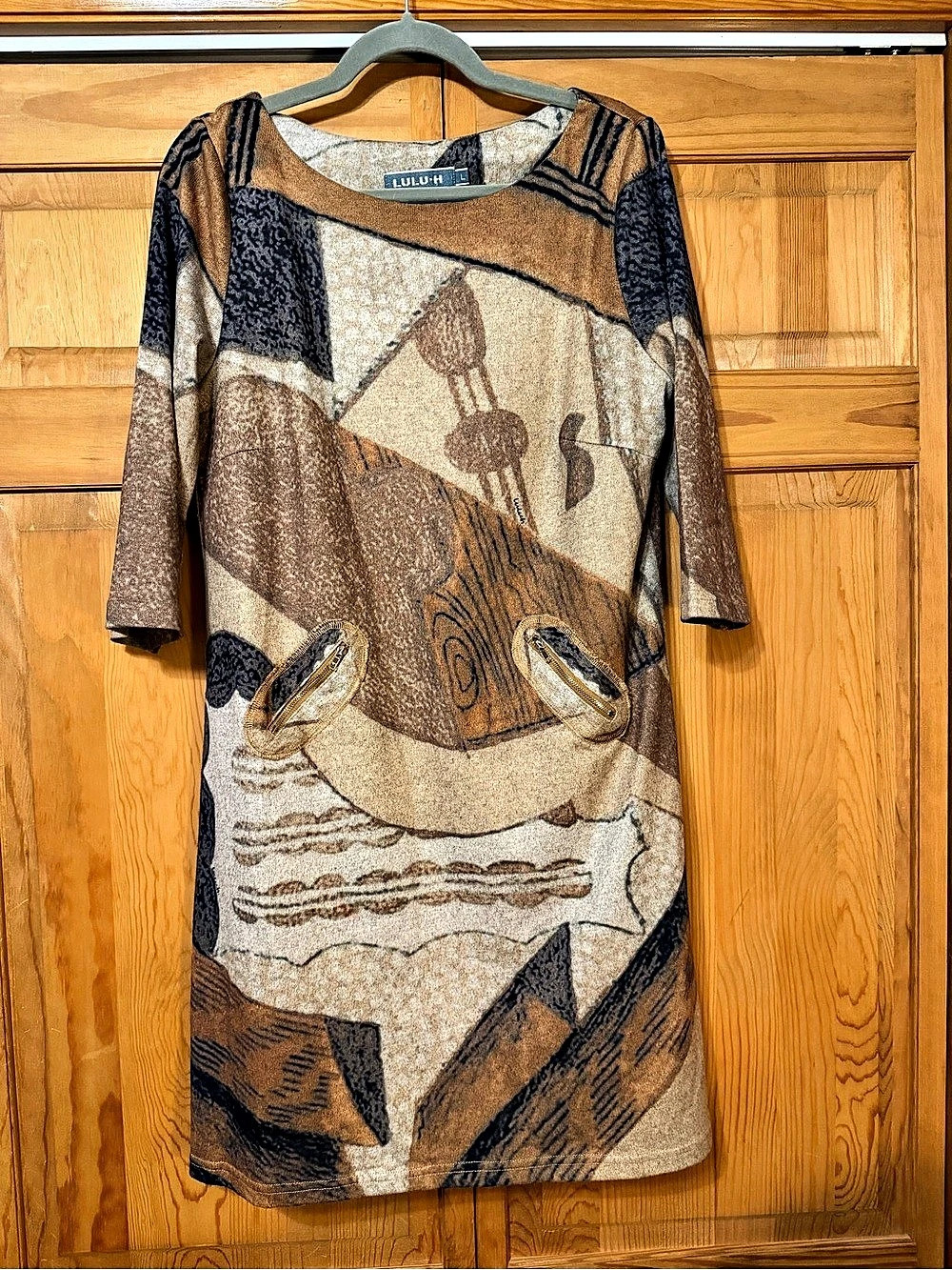 Lulu-H Abstract Mini Dress in Brown & Blue Large Like New